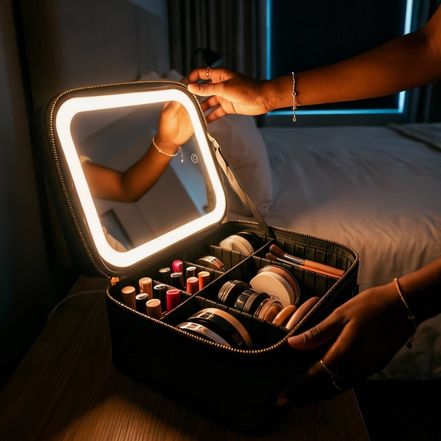 Glow Case - Black LED Lighted Makeup Bag with Mirror
