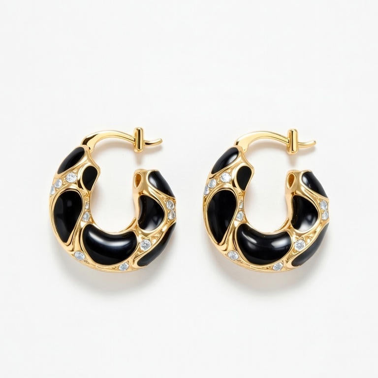 Eclipse Hoops - Black Enamel & Gold Irregular Drip Earrings