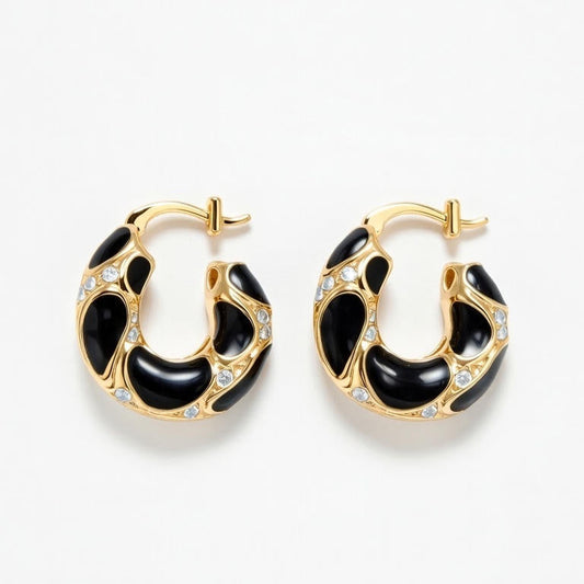 Eclipse Hoops - Black Enamel & Gold Irregular Drip Earrings