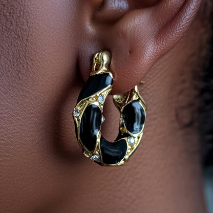 Eclipse Hoops - Black Enamel & Gold Irregular Drip Earrings