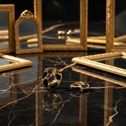 Eclipse Hoops - Black Enamel & Gold Irregular Drip Earrings