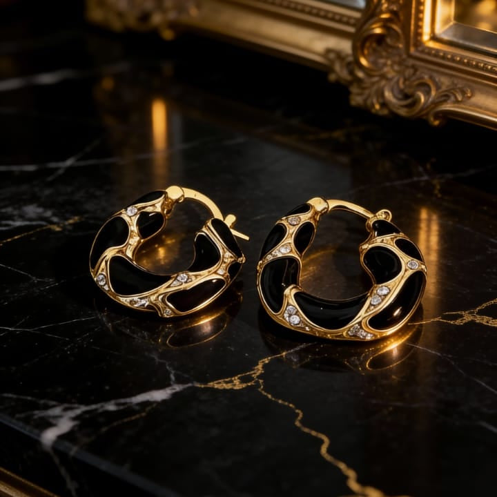 Eclipse Hoops - Black Enamel & Gold Irregular Drip Earrings