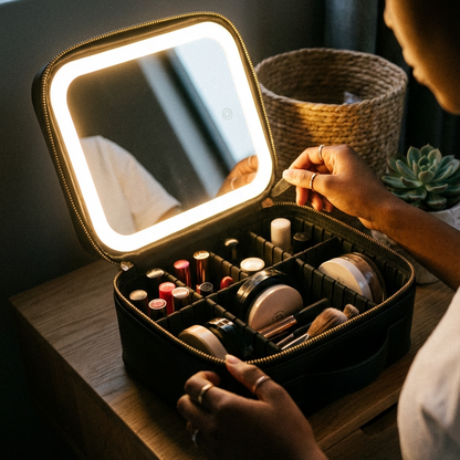 Glow Case - Black LED Lighted Makeup Bag with Mirror