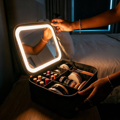 Glow Case - Black LED Lighted Makeup Bag with Mirror